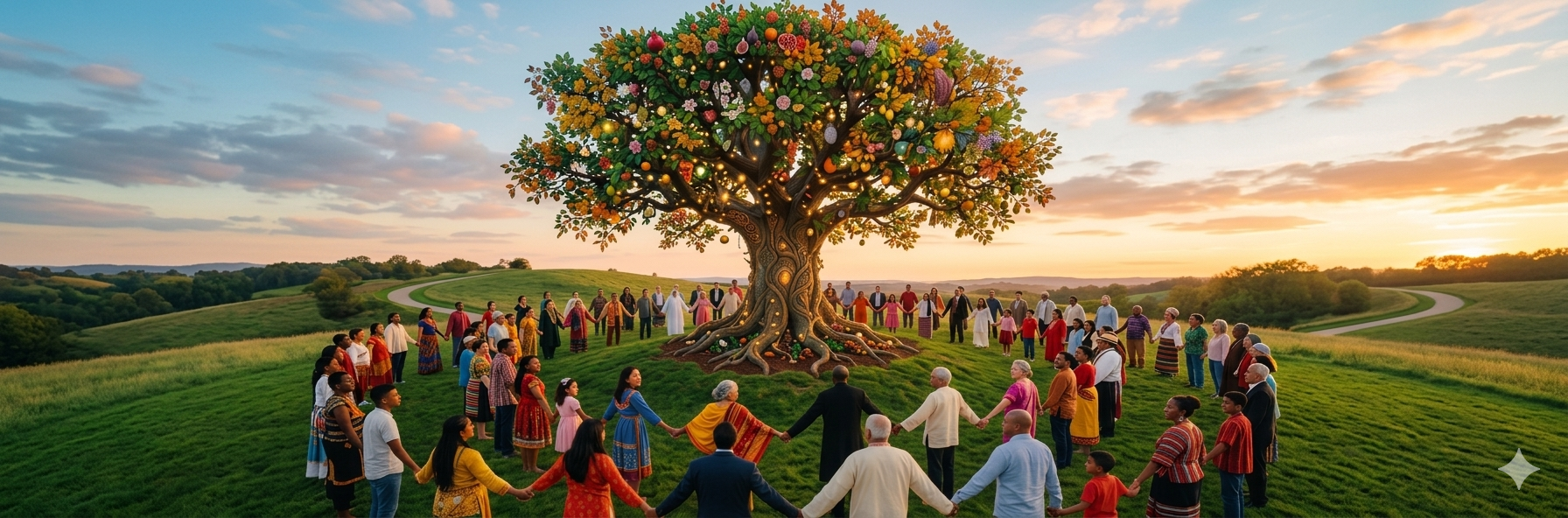 Menschen verschiedener Kulturen halten sich an den Händen und bilden einen Kreis um einen großen Baum in einer grünen Landschaft bei Sonnenuntergang